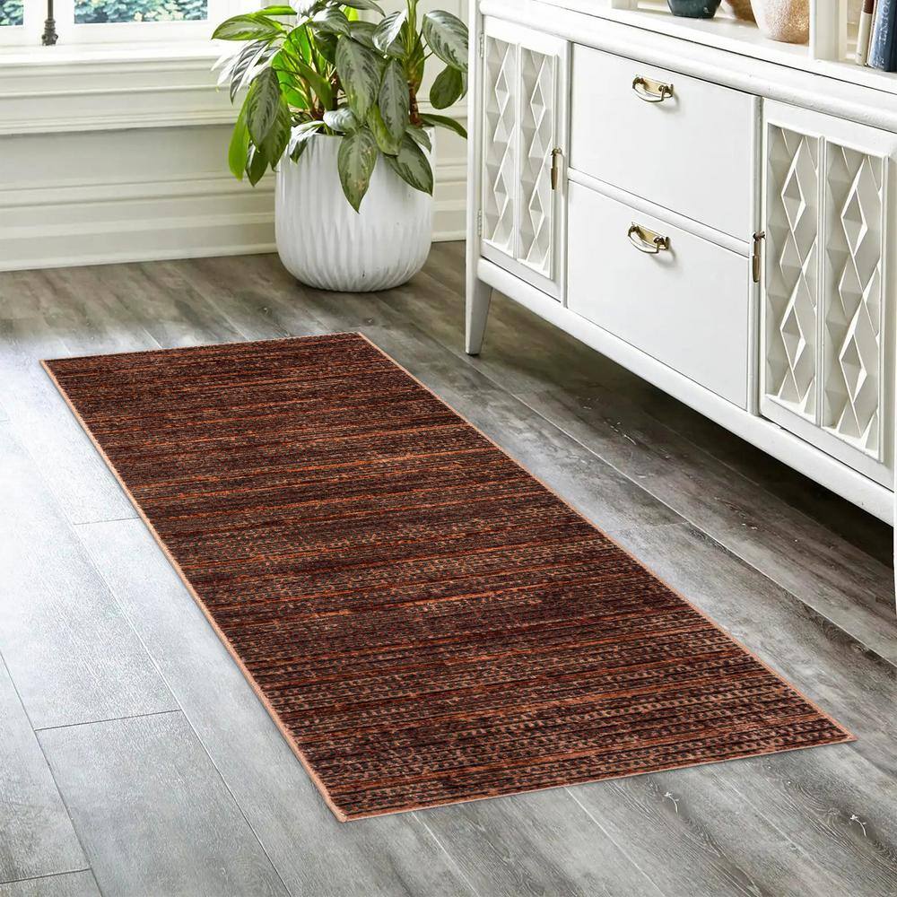 Missha Dark Brown Striped Polyester High-Low Runner Rug