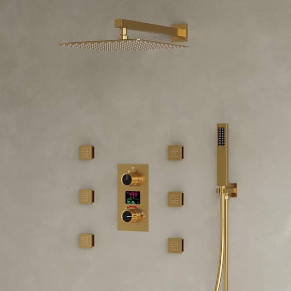 EVERSTEIN Knobs 3-Spray 12 in. Thermostatic Rain Dual Shower Head Fixed and Handheld Shower Head in Brushed Gold 2.5 GPM