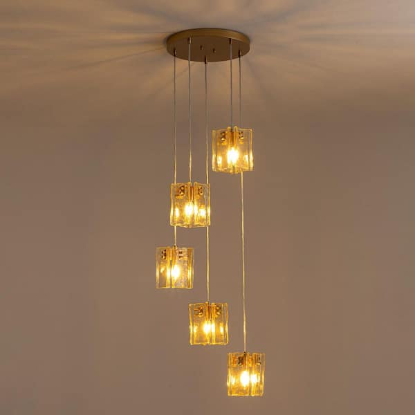 SILJOY Contemporary 5-Light Amber Glass Globe Chandelier Modern