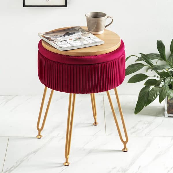 LUE BONA Rose Pink Velvet Storage Ottoman Gold Metal Legs Coffee Tabletop Cover 18 in. H