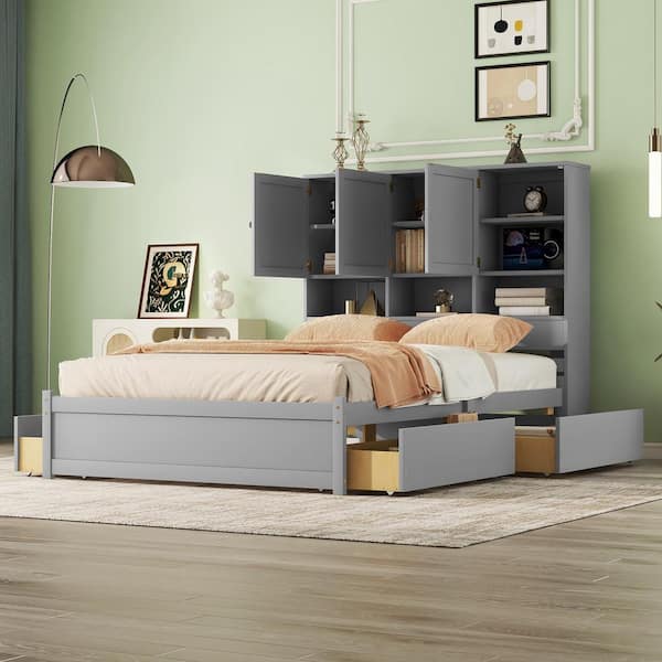 Harper & Bright Designs Gray Wood Frame Queen Size Platform Bed with Cabinets, Shelves, and 4 Drawers
