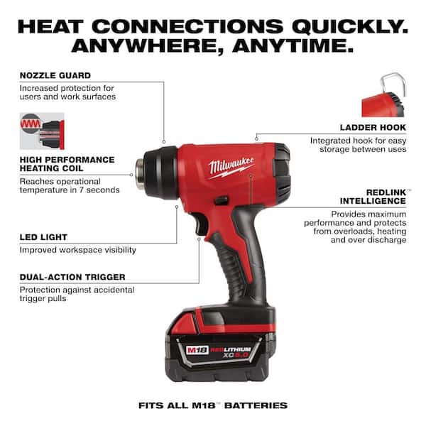 Milwaukee - M18 18V Lithium-Ion Cordless Compact Heat Gun Kit W/(1) 5.0Ah Batteries, Charger, Hard Case