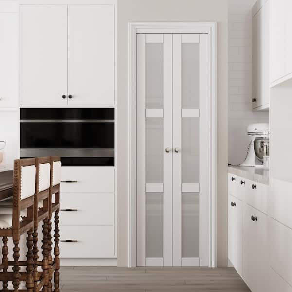24 in. x 80 in. Frosted Glass Solid Core MDF Bi-fold Door Plus French Style Pivot Hardware (3-Lite White Finish)