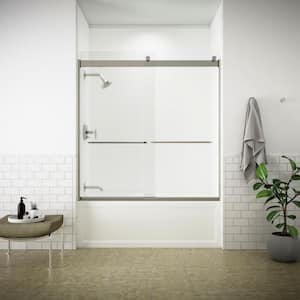 Levity 57 in. W x 59.75 in. H Semi-Frameless Sliding Tub Door in Silver with Towel Bar