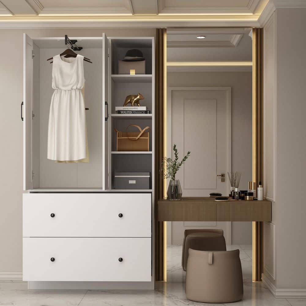 White Wood Armoires Wardrobe W/Mirror, Pulling Hanging Rod, Drawers and Shelves( 15.8 in. D x 35.5 in. W x 70.8 in. H) - thumbnail 6