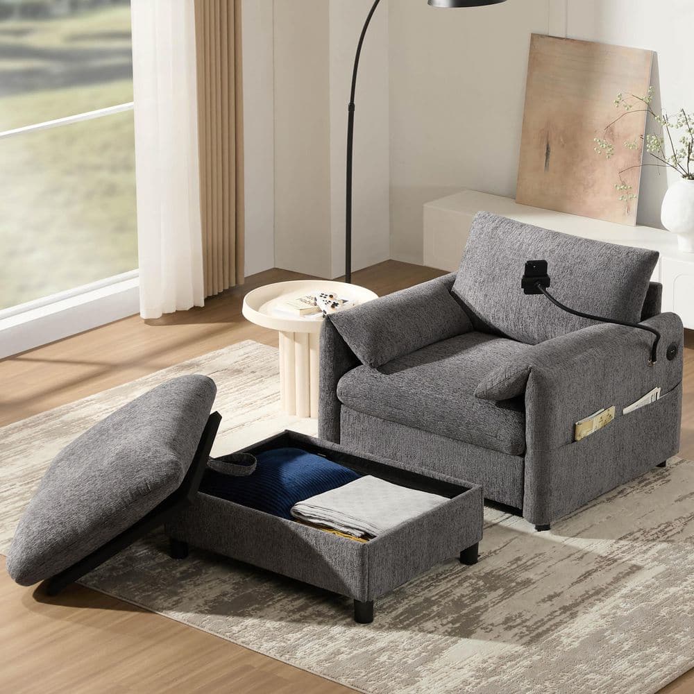 Gray Chenille Arm Chair with Storage Ottoman, Adjustable Phone Holder, Dual-Port Charger and Storage Pockets price history on PriceWatchPro