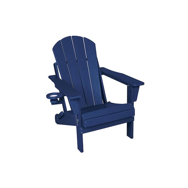 Navy Blue Plastic Outdoor Dining Bar Set, 3-Piece Adirondack Chair Set with Wood Texture, Includes 2 Chairs and 1 Table