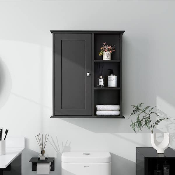 23.6 in. W x 27.6 in. H Rectangular Black Wood Surface Mount Medicine Cabinet without Mirror, Wall Cabinet with Shelf