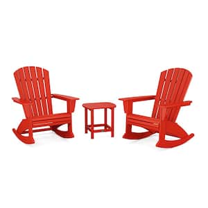 Nautical Curveback Adirondack Rocking Chair Sunset Red 3-Piece HDPE Plastic Patio Conversation Set