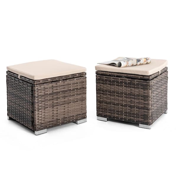 Nuu Garden Brown and Beige 2-Piece 16 in. Wicker Outdoor Patio Square Storage Ottoman with Pillow Top Cushion and Iron Legs