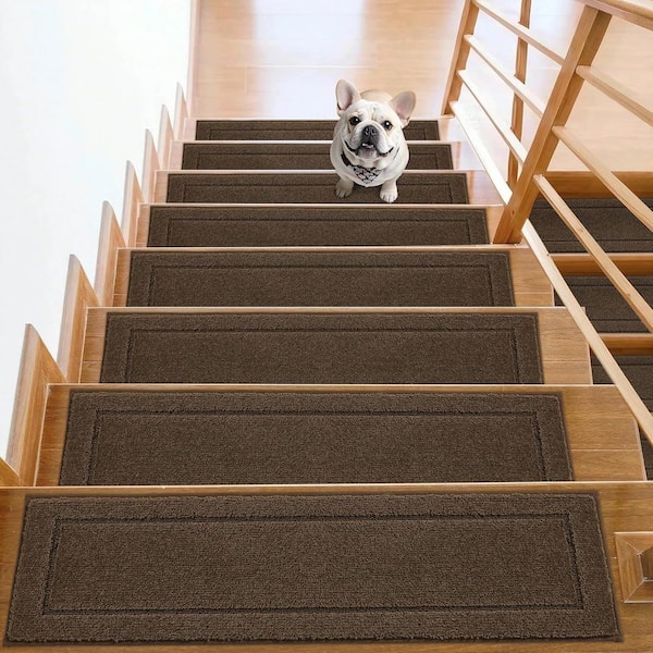 Brown [8 in. x 30 in.] Polyester Stair Tread Cover Set of 15, Non-Slip Indoor Carpet for Wooden Steps