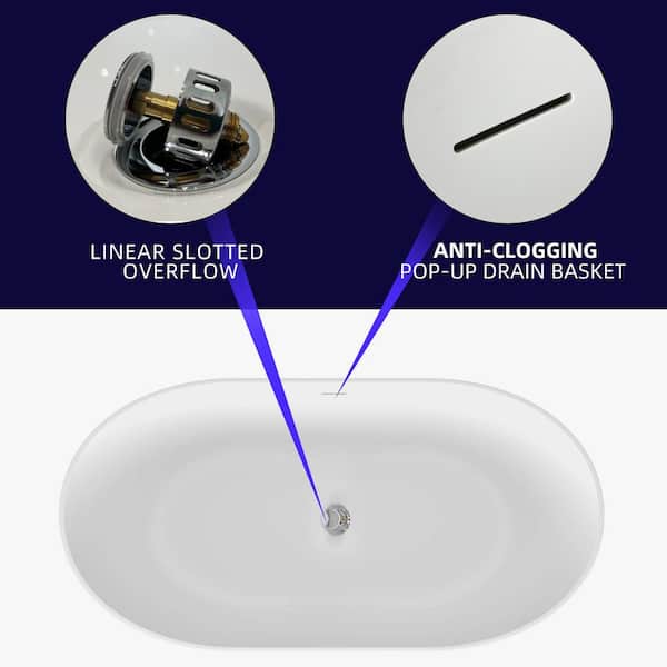 55 in. L Acrylic Freestanding Flatbottom Bathtub in. White with Overflow and Pop-up Drain Anti-clogging