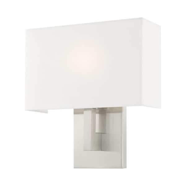 Davenport 11 in. 1-Light Brushed Nickel ADA Wall Sconce with Off-White Fabric Shade