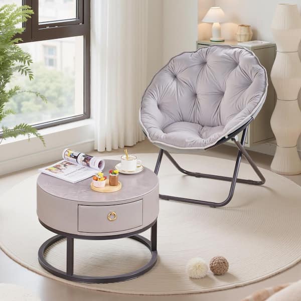 Folding Moon Chair with Faux Fur Seat, Gray Saucer Chair for Teens, Adults No-Assembly Accent Chair for Bedroom or Dorm