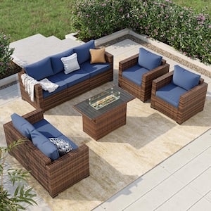 7 Seat 5-Piece Rattan Wicker Outdoor Patio Rectangular Fire Pit Conversation Seating Set with Blue Cushions, Loveseat