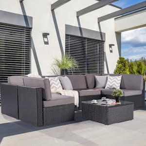 7-Piece Patio Conversation Sofa Set Furniture Sectional Seating Set with Gray Cushion & Tempered Glass Desktop