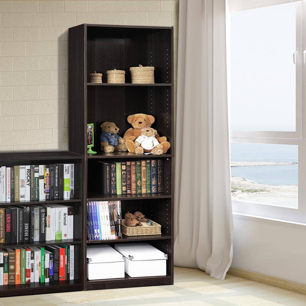 Espresso Adjustable 5-Shelf Wooden Bookcase with Storage Cubes