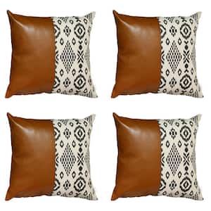 Brown Boho Handcrafted Vegan Faux Leather Square Abstract Geometric 17 in. x 17 in. Throw Pillow Cover (Set of 4)