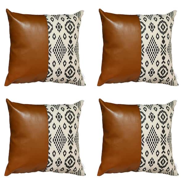 MIKE & Co. NEW YORK Brown Boho Handcrafted Vegan Faux Leather Square Abstract Geometric 17 in. x 17 in. Throw Pillow Cover (Set of 4)