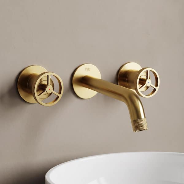 Cass Two Handle Wall Mount Bathroom Faucet in Matte Brushed Gold