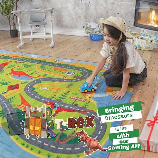 Multi-Color Kids Children Bedroom Dino Safari Road Map Educational Learning Game 8 ft. x 10 ft. Area Rug