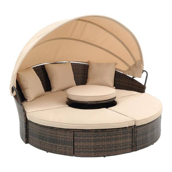 Unbranded Wicker Outdoor Day Bed with Canopy, Bali Canopy Bed Round Lounge Sofa Bed with Lift Coffee Table, Beige Cushions