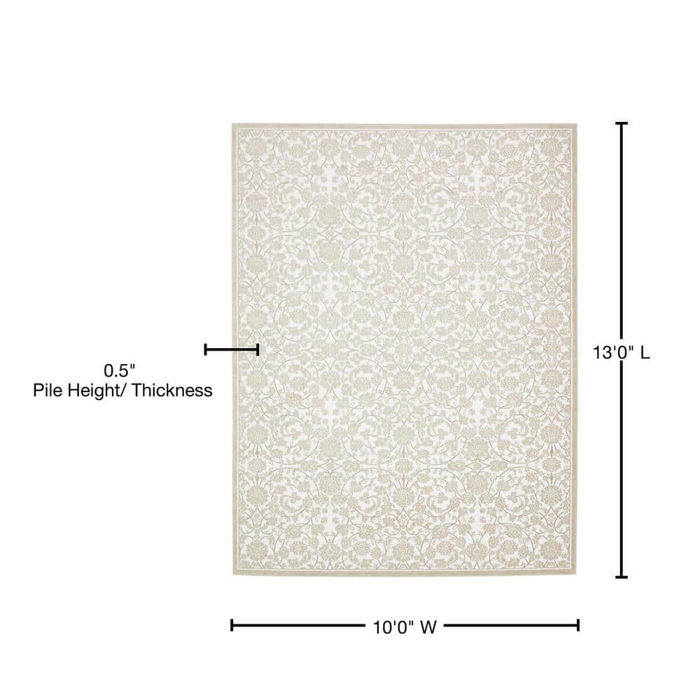 Ivory Floral Rectangular Stain-Resistant Synthetic Rug, 10x13 ft