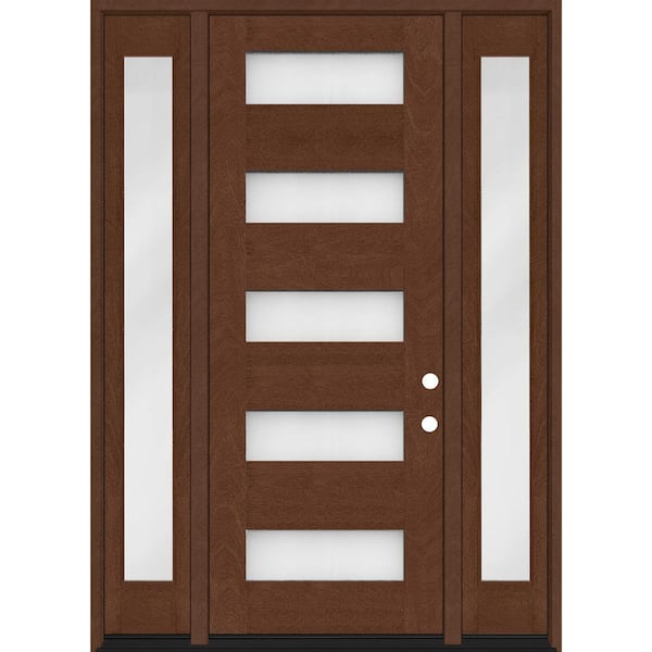 Steves & Sons Regency 68 in. x 96 in. 5L Modern Frosted Glass LH Chestnut Stain Mahogany Fiberglass Prehung Front Door w/Dbl 14in.SL