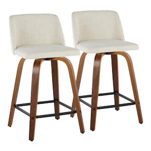 Toriano 24.25 in. Cream Fabric, Walnut Wood and Black Metal Fixed-Height Counter Stool (Set of 2)