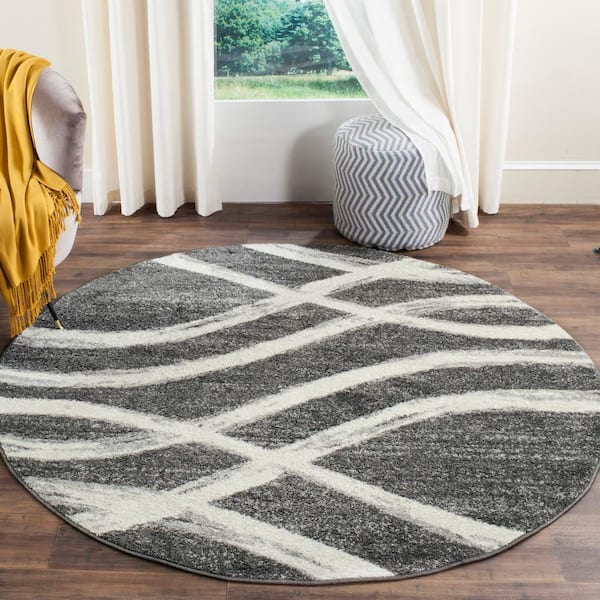 Adirondack Charcoal/Ivory Doormat 3 ft. x 3 ft. Waves Round Area Rug