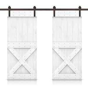 76 in. x 84 in. Mini X Series White Stained DIY Solid Pine Wood Interior Double Sliding Barn Door With Hardware Kit
