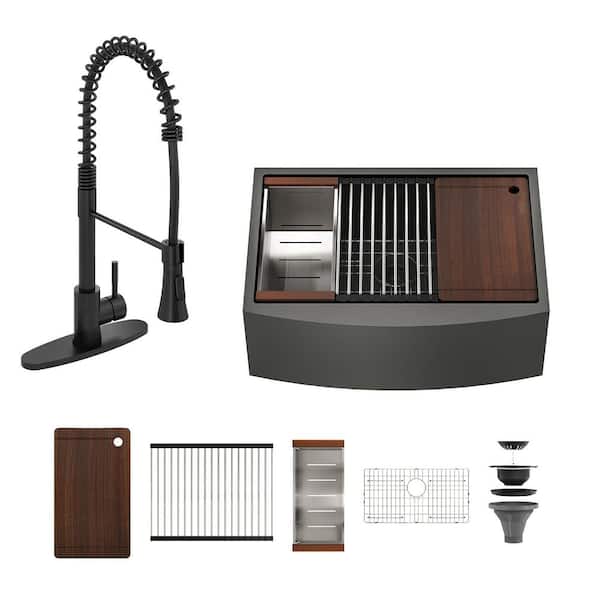 33 in. Undermount Single Bowl Black PVD Stainless Steel Kitchen Sink with Infrared Sensor Faucet and Accessories Kits
