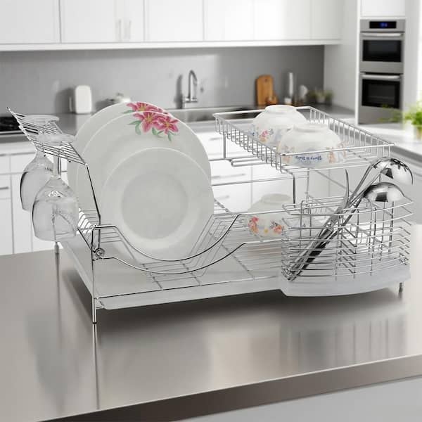 2-Tier Silver Stainless Steel Standing Dish Rack with Chrome-Plated
