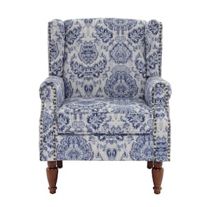 Retro Navy Blue Floral Pattern Linen Nailhead Trim Upholstered High Back Accent Arm Chair With Wood Legs(Set of 1)