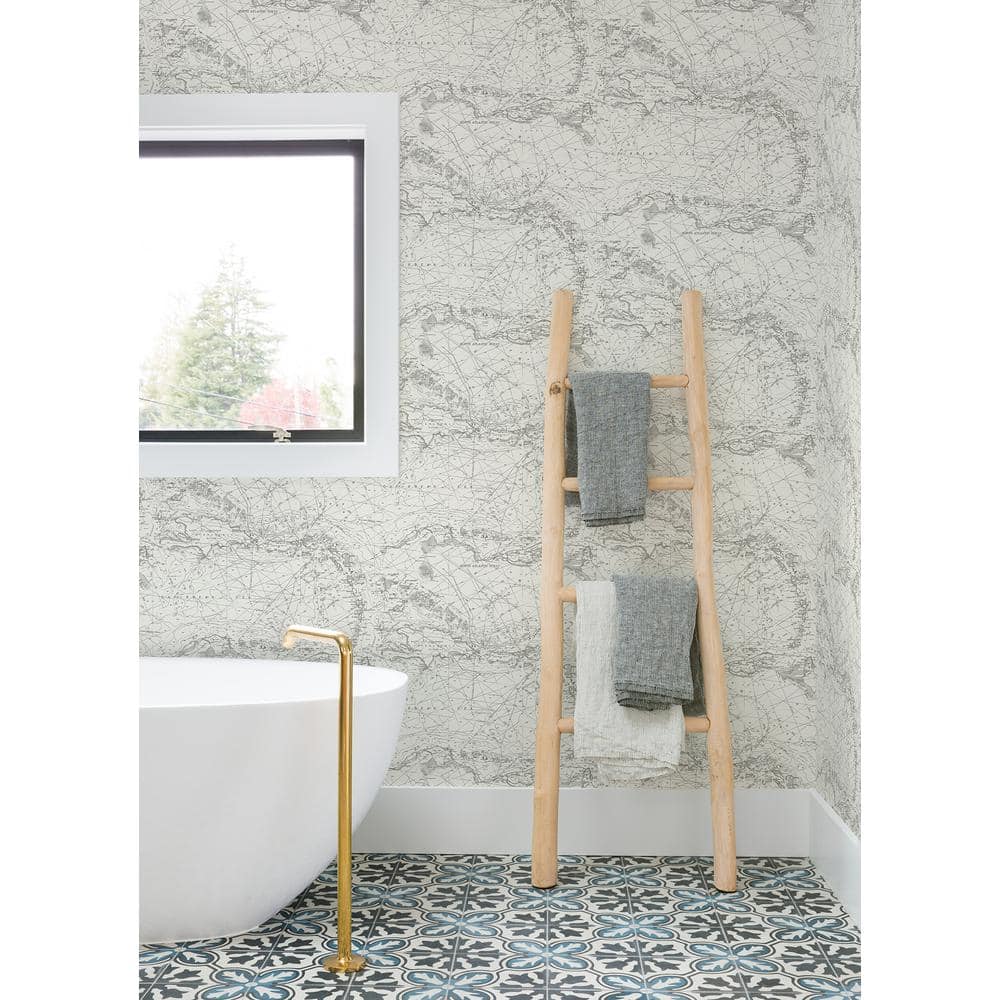 Black and White Nautical Chart Pre-Pasted Washable Wallpaper