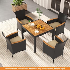 5-Piece Wood Square 29.5 in Outdoor Dining Set with Cushions Beige