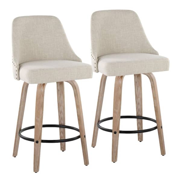 Lumisource Studded Marcel 27 in. Cream Fabric, Whitewashed Wood, Black Metal and Brass Metal Fixed-Height Counter Stool (Set of 2)