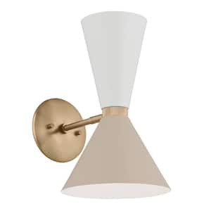 Phix 13.5 in. 2-Light Champagne Bronze with Greige and White Living Room Wall Sconce Light