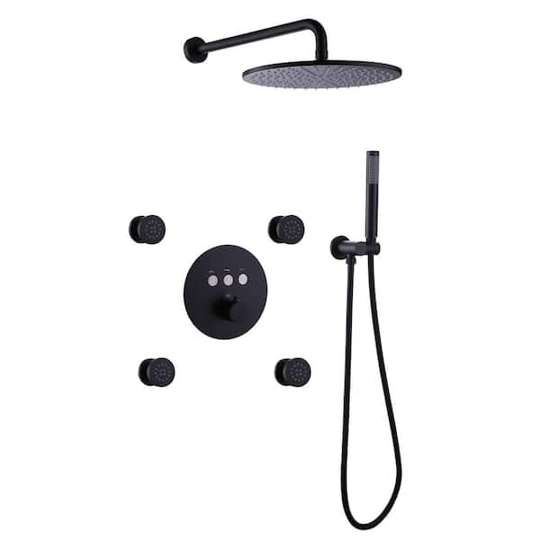 FLG Single Handle 1-Spray Shower Faucet 1.8 GPM with Anti Scald, Wall Mount Shower System with Body Jets in Matte Black