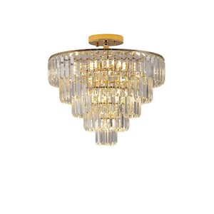 10-Light Gold Crystal Chandelier 5-Tier Round Semi Flush Mount Pendant Light Fixture for Living Dining Room
