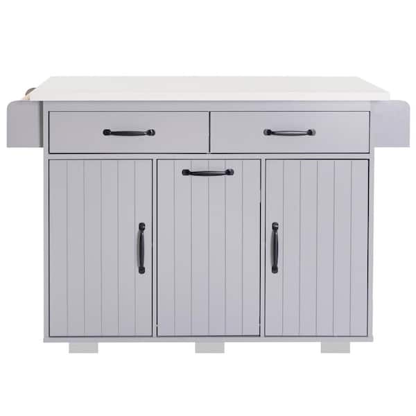 Unbranded Grey Wood 51.06 in. Kitchen Island with Trash Can Storage Cabinet, Drop Leaf, Spice Rack, Towel Rack and Drawer