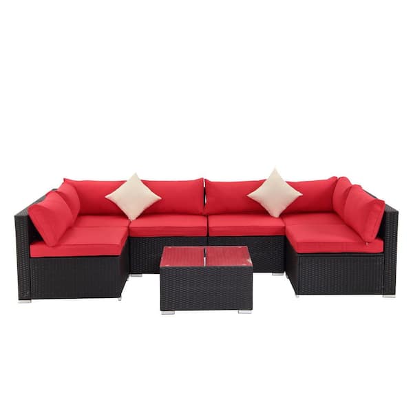 Afoxsos Black 7-Piece Rattan Wicker Outdoor Sectional Set Group with Red Cushions