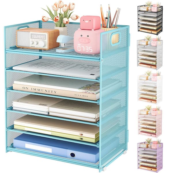 12.6 in x 13.5 in Blue 6 Tier Paper Organizer for Desk with Handle, Metal Mesh Desk