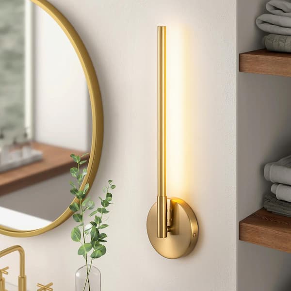 RRTYO Yula 17.7 in. 1-Light Modern Gold Linear Strip Wall Light Minimalist Tube Integrated LED 3000K Bathroom Vanity Light