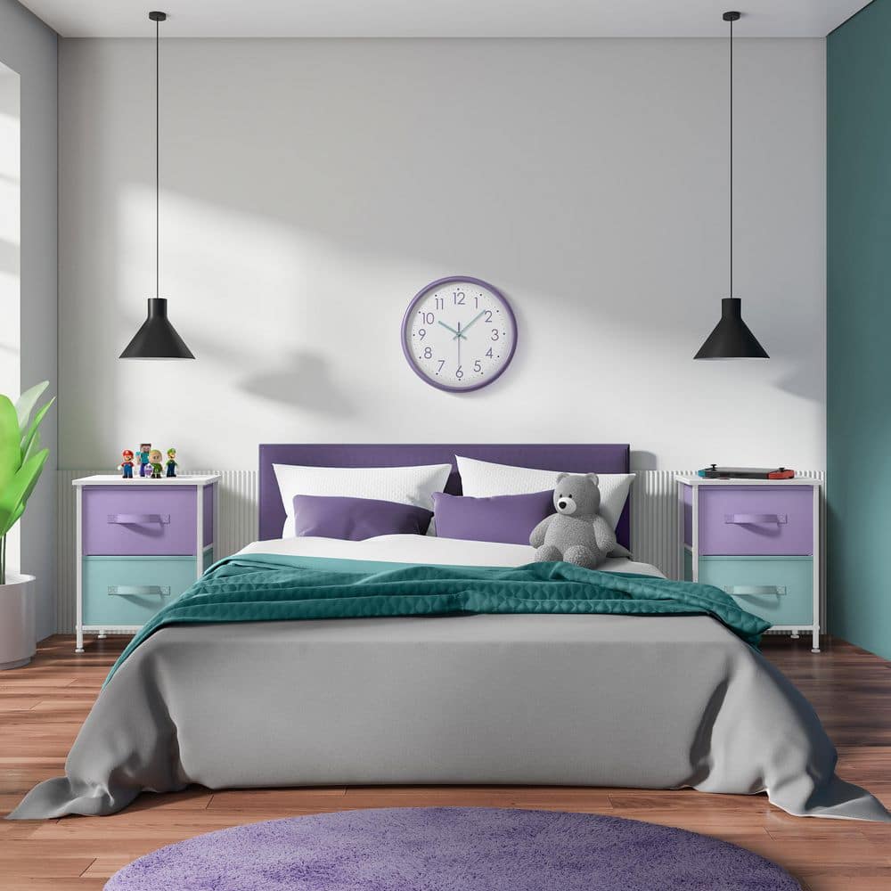Pastel, 2 Drawers, 11.8 in. W Nightstand, Set of 2 Kids Bedside Furniture E