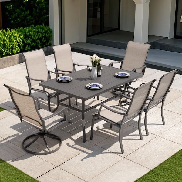Gray 7-Piece Textilene and Metal Rectangle Outdoor Dining Set with Umbrella Hole, Stationary and Swivel Chairs