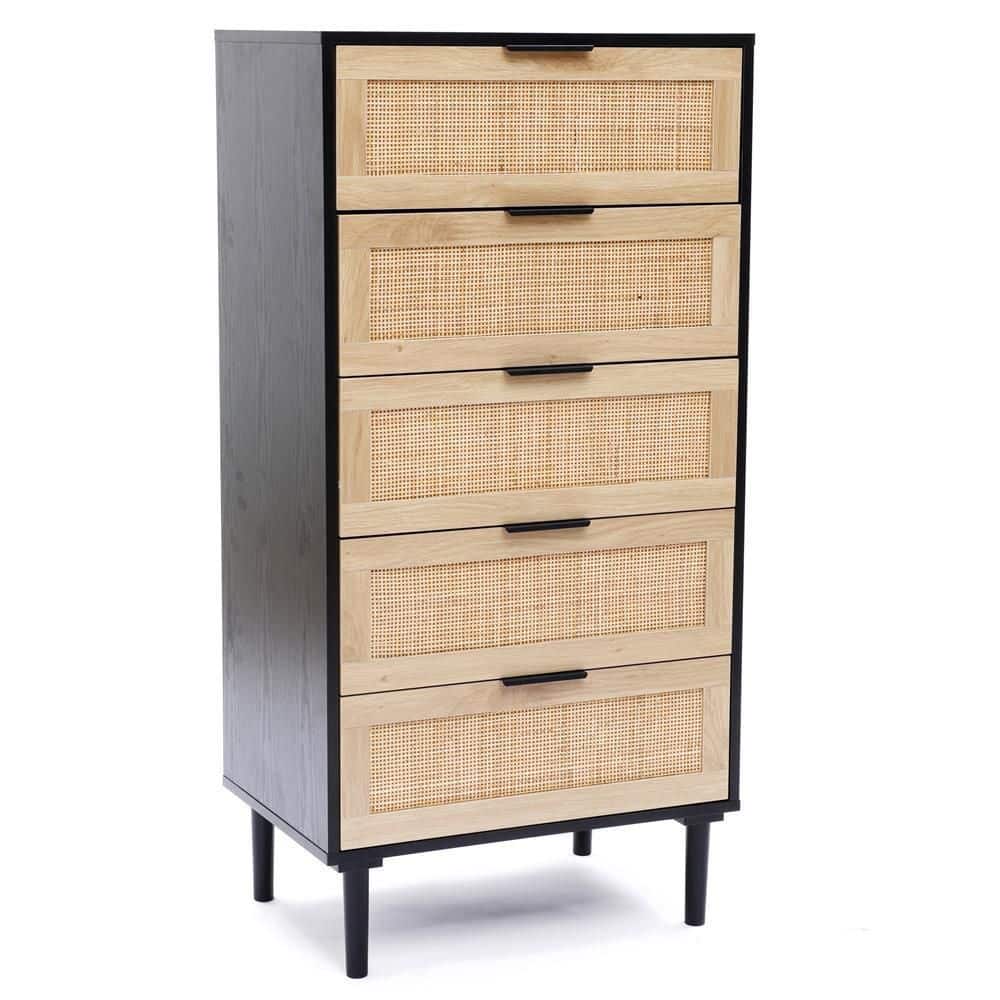 Mid-Century Black and Rattan 5-Drawer Vertical Chest