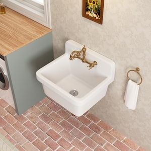 10 Gallon 24 in. L White Ceramic Wall Mount Laundry/Utility Sink for 2-Hole Faucet, with Basket Strainer