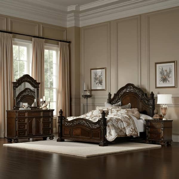 Benjara Koi 4-Piece Cherry Brown King Wood Bedroom Set