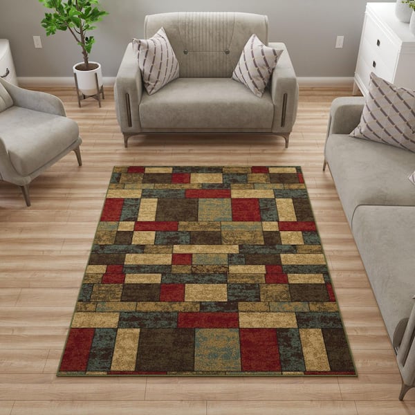 Ottohome Collection Contemporary Boxes Design 5 ft. x 7 ft. Non-Slip Area Rug, Multicolor